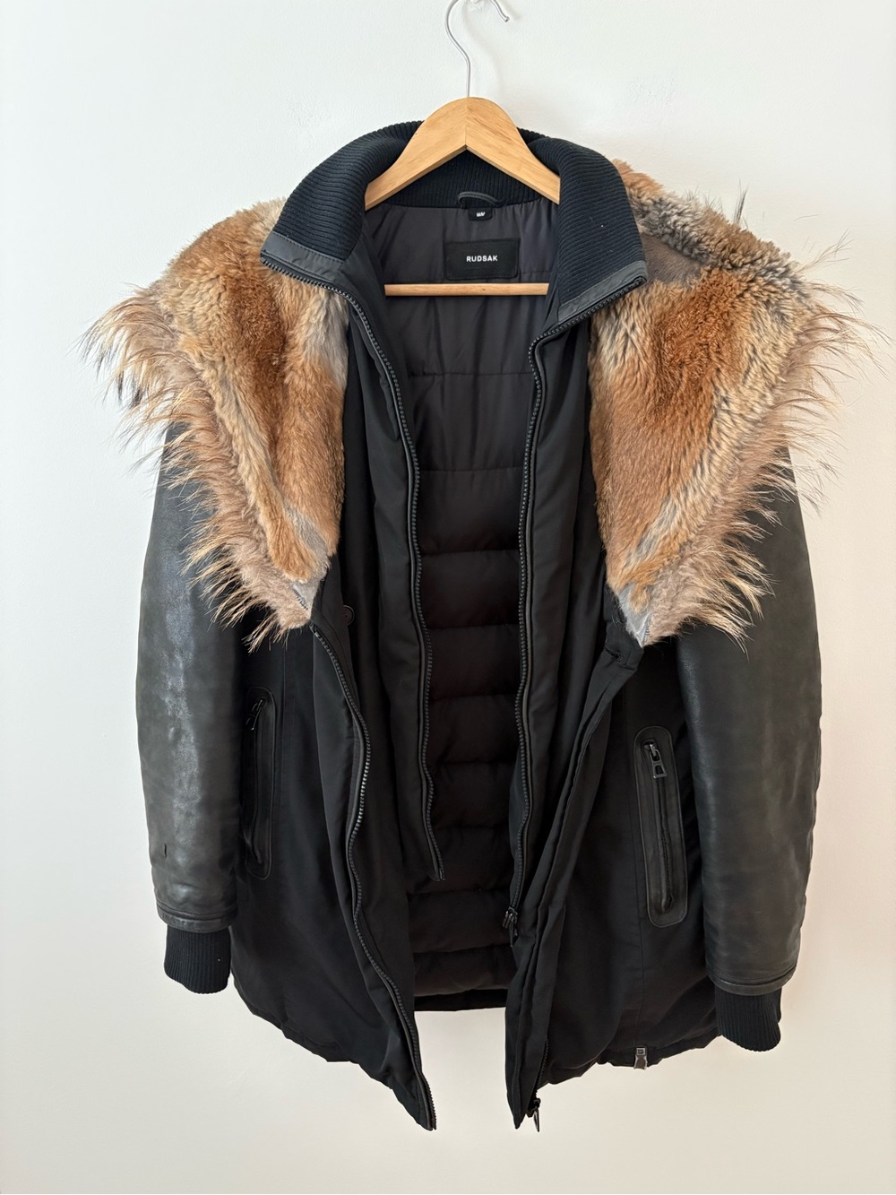 RUDSAK Black Down Fur Trimmed Midi Parka Leather Sleeves Size Medium Luxury Chic - Picture 7 of 16